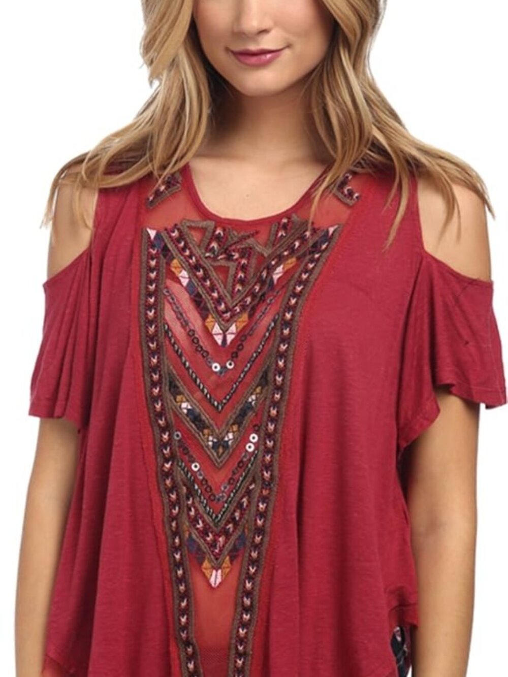 Free People Embroidered Mesh Boho Top Pomegranate Red Size M NWT